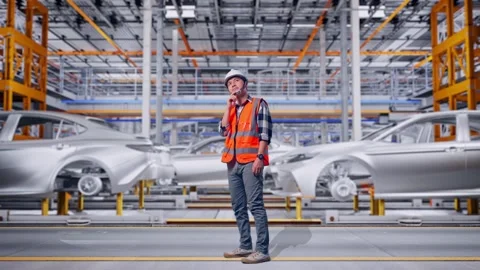 Engineer Thinking Then Raising His Index Finger In Car Factory Stock Footage 331580278