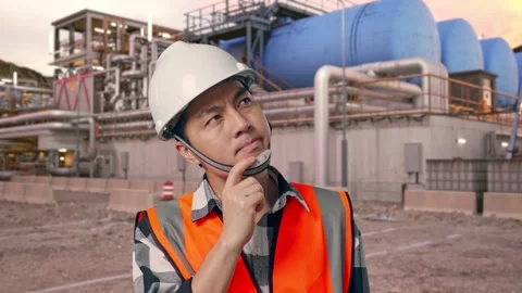 Engineer Thinking Then Raising His Index Finger at Gas Plant Stock Footage 337761373
