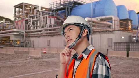 Engineer Thinking Then Raising His Index Finger at Gas Plant Stock Footage 337761500