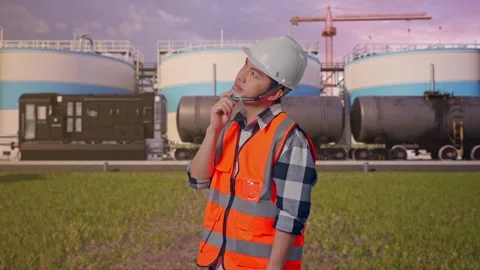 Engineer Thinking Then Raising His Index Finger at Oil Refinery Stock Footage 340140430