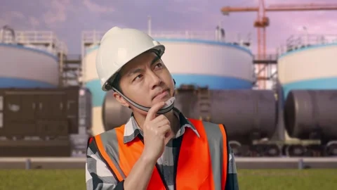 Engineer Thinking Then Raising His Index Finger at Oil Refinery Stock Footage 340141174