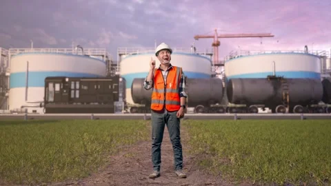 Engineer Thinking Then Raising His Index Finger at Oil Refinery Stock Footage 340142363