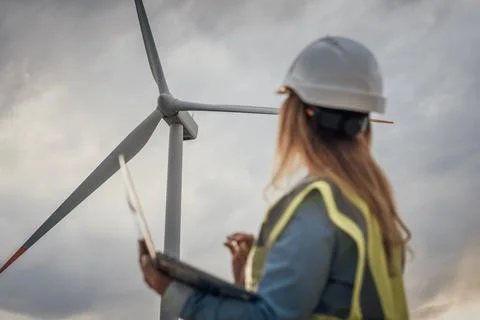 An Engineer is thoroughly Evaluating the Performance of Wind Turbines within the Foto stock
