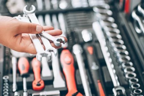 Engineer tool retail handyman choosing instruments Foto stock