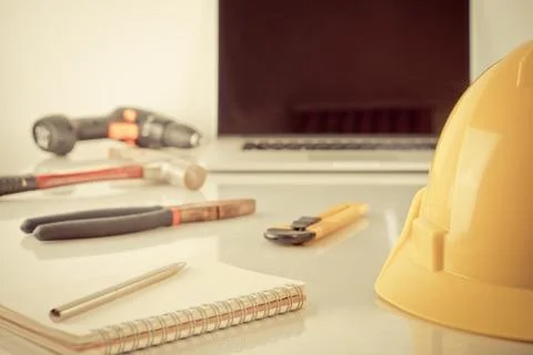Engineer tools on working office desk with computer Stock Photos