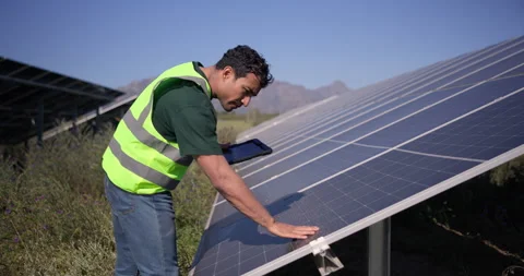 Engineer, touch and solar panel in nature with tablet, research and inspection Stock Footage 348720315