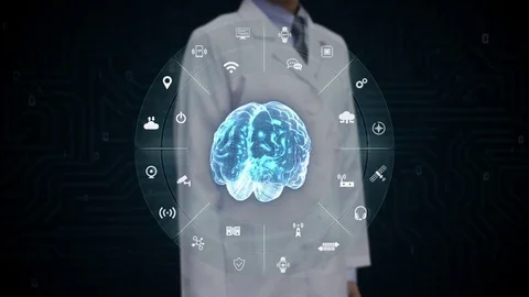 Engineer touching blue Digital brain, IoT, artificial intelligence. Stock Footage 76180436