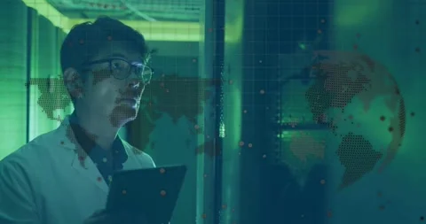 Engineer touching tablet screen in server room, visualizing network data with Stock Footage 328354904