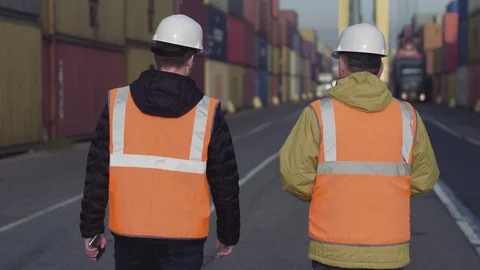 Engineer tracking inventory with a colleague while walking by freight containers Stock Footage 101230342