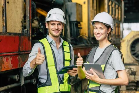 Engineer train engine service team man and women working together at train .. Stock Photos