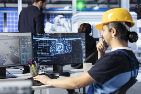 Engineer training AI models at workstation in solar panel production facility Foto stock