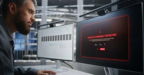 Engineer Troubleshooting Data Center Infrastructure After Critical Temperature 스톡 사진