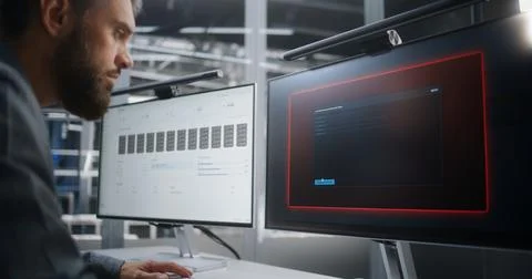 Engineer Troubleshooting Data Center Infrastructure After Critical Temperature 스톡 사진