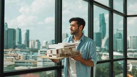 Engineer turns house model left and right to check mistake point. Tracery Stock Photos