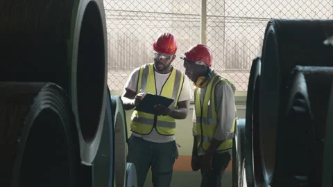 Engineer two worker man African black marking inspection on roll metal sheet Stock Footage 172832857