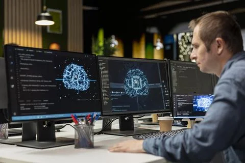 Engineer typing on PC keyboard in startup office, coding machine learning model Stock Photos