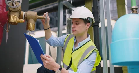 A engineer under checking inspects the industry factory pressure water pump valv Video stock 259165728