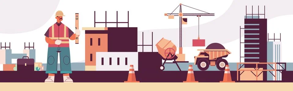 Engineer in uniform holding level construction of buildings concept 스톡 일러스트