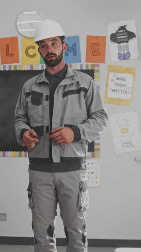 Engineer in Uniform Speaking and Giving Lecture to Curious Primary School Stock Footage 316063460