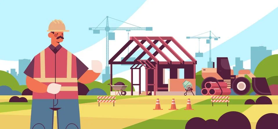 Engineer in uniform supervising process construction buildings concept 스톡 일러스트