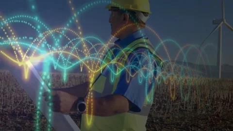 Engineer unrolling blueprint checking smartwatch generating dual-color data arcs Stock Footage 330479315