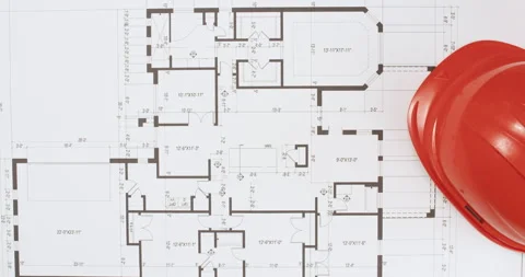 Engineer unrolls building floor plan on wooden surface Video stock 277337695