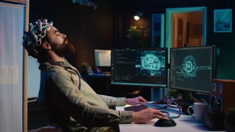 Engineer uploading brain into cyberspace, entering trance, becoming godlike Stock Footage 266950565