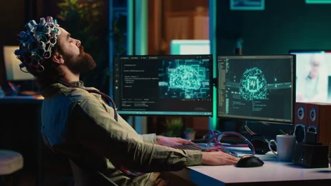 Engineer uploading brain into cyberspace, entering trance, becoming godlike Stock Footage 266953151