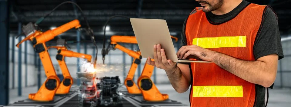 Engineer use advanced robotic software to control industry robot arm in factory Stock Photos