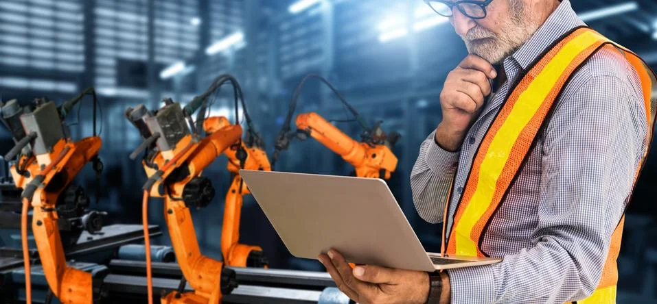 Engineer use advanced robotic software to control industry robot arm in factory 스톡 사진
