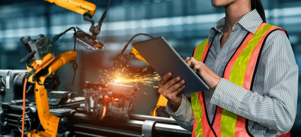 Engineer use advanced robotic software to control industry robot arm in factory 스톡 사진