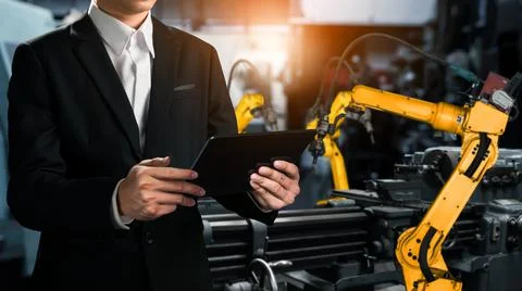 Engineer use advanced robotic software to control industry robot arm in factory 스톡 사진