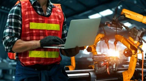 Engineer use advanced robotic software to control industry robot arm in factory Stock Photos
