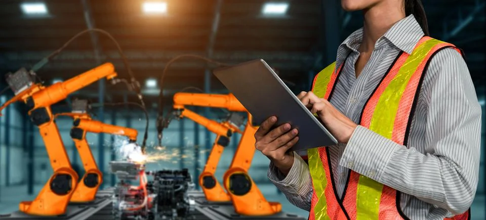 Engineer use advanced robotic software to control industry robot arm in factory Stock Photos