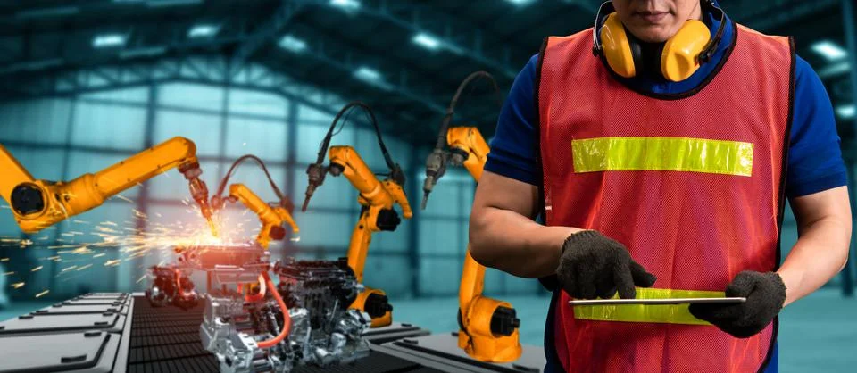 Engineer use advanced robotic software to control industry robot arm in factory Stock Photos