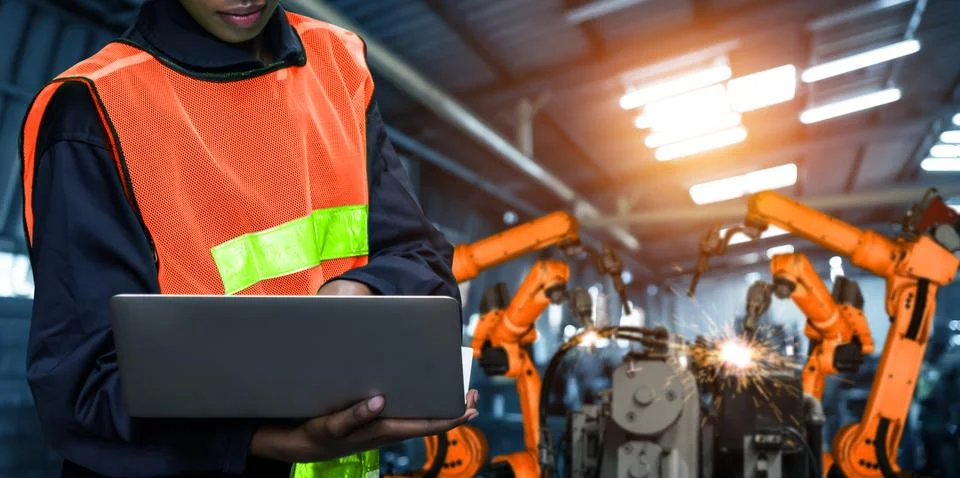 Engineer use advanced robotic software to control industry robot arm in factory Stock Photos