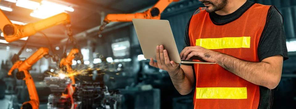 Engineer use advanced robotic software to control industry robot arm in factory Stock Photos