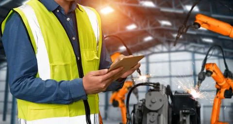 Engineer use advanced robotic software to control industry robot arm in factory Stock Photos