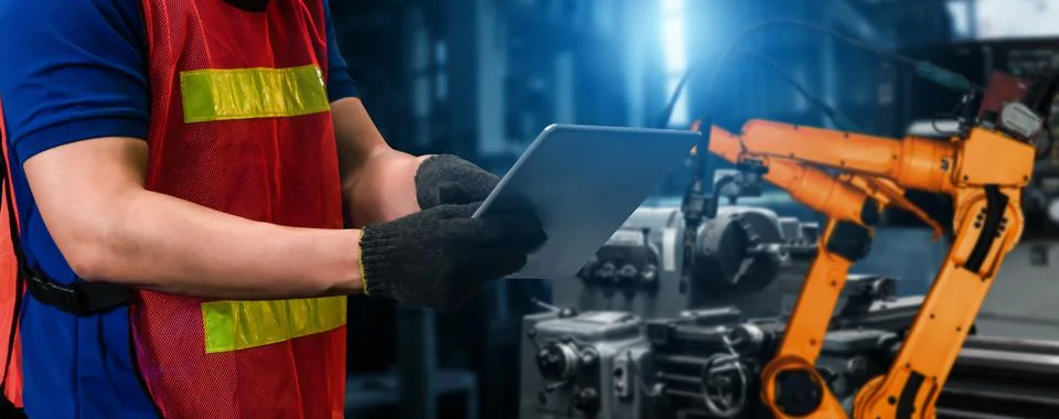 Engineer use advanced robotic software to control industry robot arm in factory Foto stock