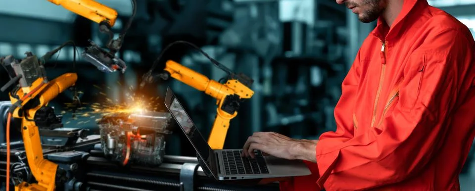 Engineer use advanced robotic software to control industry robot arm in factory Stockfoto's