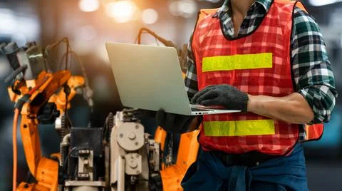 Engineer use advanced robotic software to control industry robot arm in factory Stock Photos