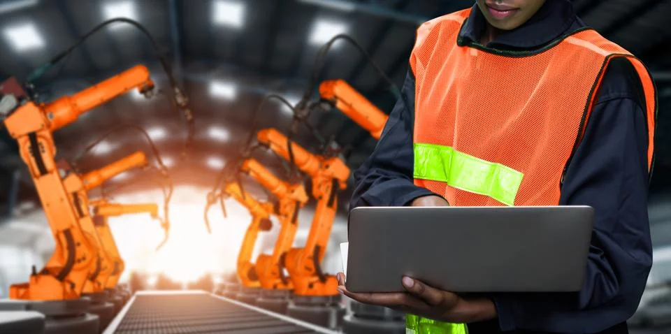 Engineer use advanced robotic software to control industry robot arm in factory Foto stock
