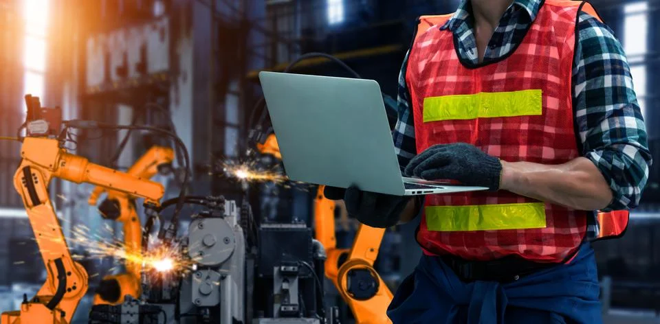 Engineer use advanced robotic software to control industry robot arm in factory Stock Photos