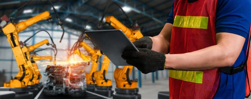 Engineer use advanced robotic software to control industry robot arm in factory Stockfoto's