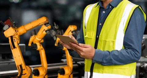 Engineer use advanced robotic software to control industry robot arm in factory 스톡 사진
