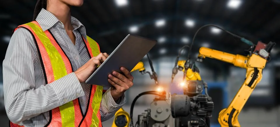 Engineer use advanced robotic software to control industry robot arm in factory 스톡 사진
