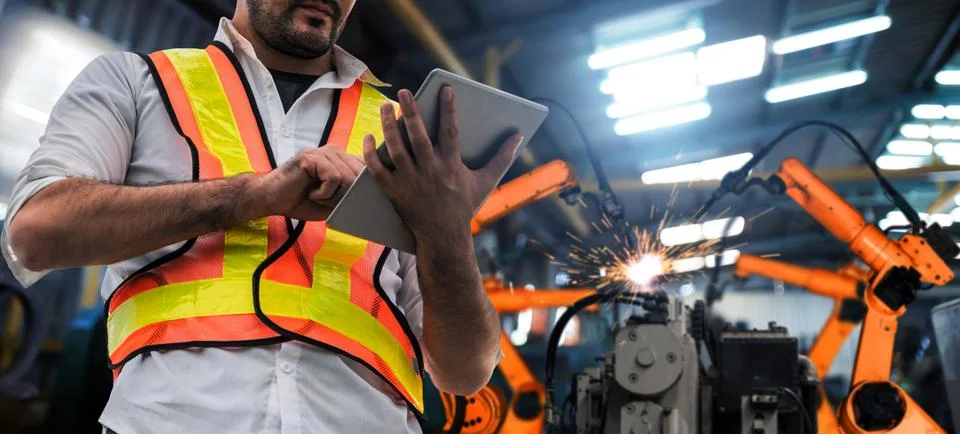 Engineer use advanced robotic software to control industry robot arm in factory 스톡 사진