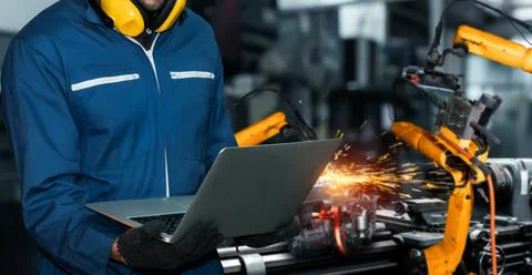 Engineer use advanced robotic software to control industry robot arm in factory 스톡 사진