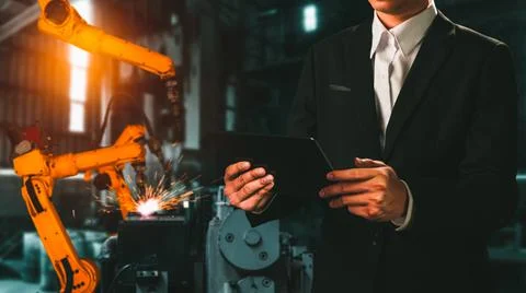 Engineer use advanced robotic software to control industry robot arm in factory Stockfoto's