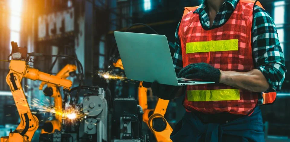 Engineer use advanced robotic software to control industry robot arm in factory 스톡 사진